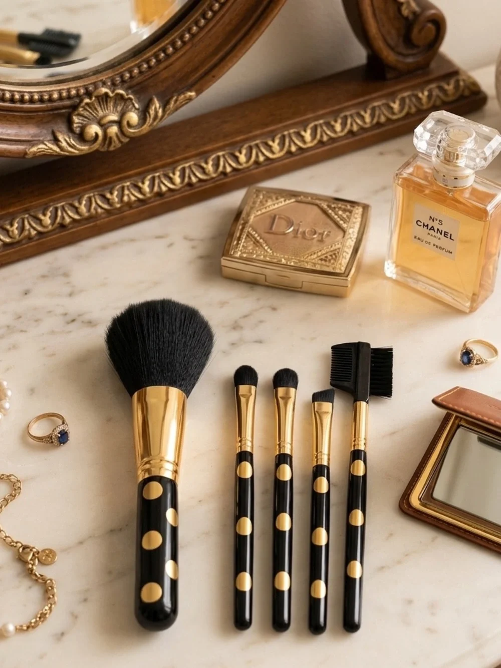 Love & Beauty 5 Pc Black & Gold Polka Dot Fashion Make Up Cosmetic Brush Set NIP